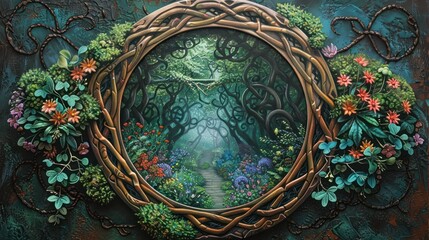 Esoteric Mirror Framed with Celtic Knots Reveals a Hidden Grove of Magical Flora