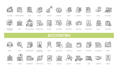 Accounting, audit, taxes icons set - obrazy, fototapety, plakaty