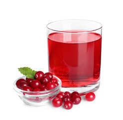 Tasty refreshing cranberry juice, mint and fresh berries isolated on white