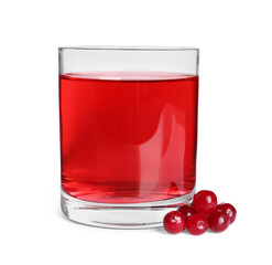 Tasty refreshing cranberry juice in glass and fresh berries isolated on white