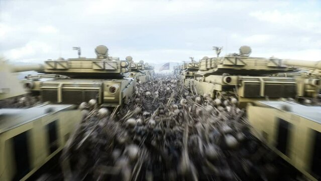 American military tanks Abrams and skulls. Help for ukraine. Anti war concept.