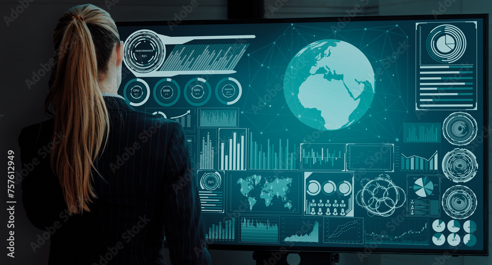 Poster data analysis for business and finance concept. interface showing future computer technology of prof