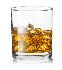 Whiskey and ice cubes in glass isolated on white - 757612976