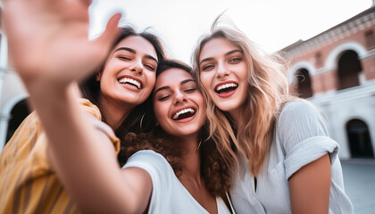 Adorables chicas caucásicas expresando emociones positivas a cámaraen un selfie.
Foto de vacaciones al aire libre de amigos felices posando en la calle. - obrazy, fototapety, plakaty