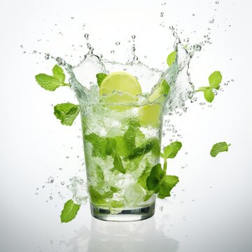 A glass of green liquid with a splash of lime and mint. Image created by AI