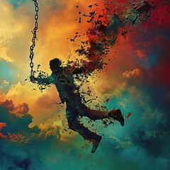 Silhouette of a girl swinging on a chain against a colorful background. A composite image portraying a person breaking free from chains, symbolizing liberation and overcoming the consequences