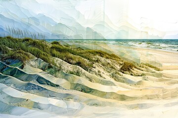Dynamic changes in coastal dunes over time. The chronosequence captures the evolution of dune morphology, with shifting sands and vegetation growth. The color palette transitions from sandy beige - obrazy, fototapety, plakaty