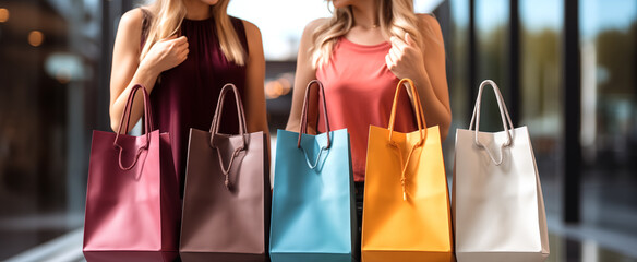 Mujeres de compras. Mujeres felices con bolsas de la compra disfrutando en compras. Consumismo,...