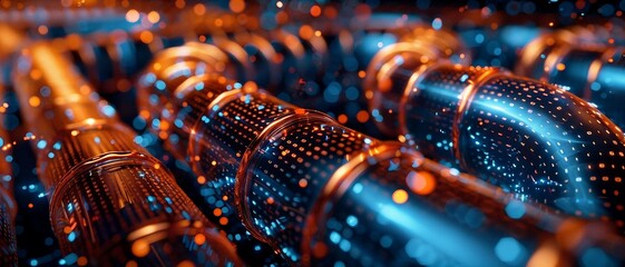 a digital pipeline shaped by vibrant blue matrix binary code.