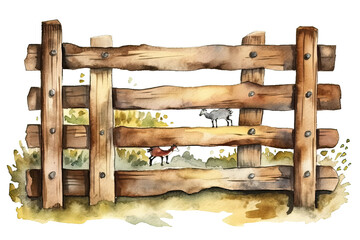 background animal illustration farm fence watercolor fencing hand white drawn isolated Wooden