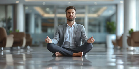 person meditating in yoga pose at office - obrazy, fototapety, plakaty