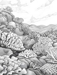 Coral Reef black and white illustration
