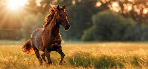 Golden hour glow on a beautiful chestnut horse in the field - obrazy, fototapety, plakaty