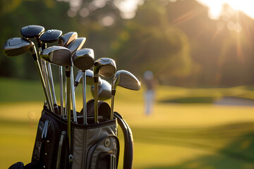 Close Up Of Clubs In Bag On Golf Buggy, golf, Close up of bag with golf clubs, Generative Ai - obrazy, fototapety, plakaty