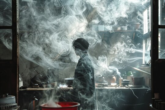 image of person standing in a smoked room