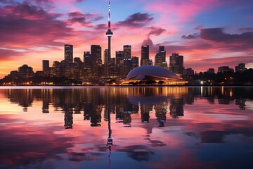 Toronto skyline mirrored in water at sunset, creating a breathtaking afterglow - obrazy, fototapety, plakaty