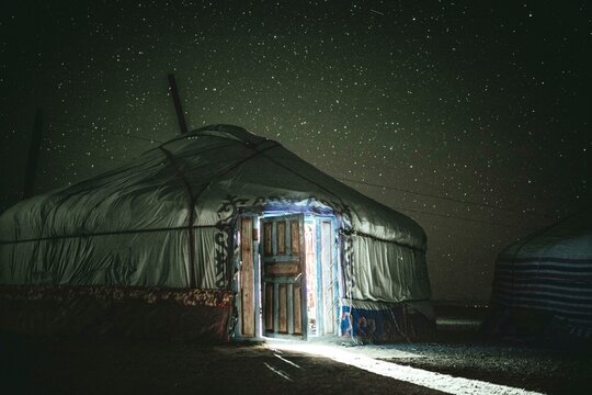 Yurt of eagle hunter Bashakhan Spai at night, starry sky over Kisil Char, Olgii, Mongolia, Asia