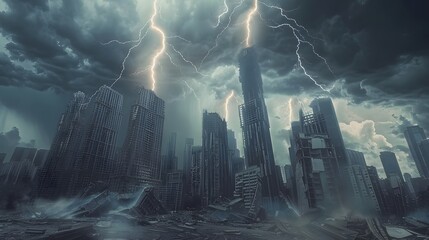 A Lightning Strike's a Destroyed City - obrazy, fototapety, plakaty