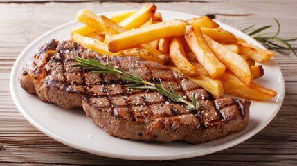 Top view of traditional steak and french fries on wooden table with space for text