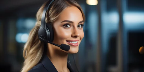 Deurstickers Mujer joven, sonriente y feliz, trabajando en telemarketing, usando audífonos y micrófono en una oficina moderna. Servicio al cliente.  © adanzat