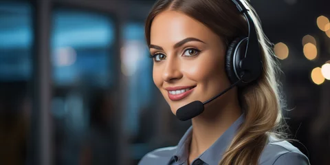 Poster Mujer joven, sonriente y feliz, trabajando en telemarketing, usando audífonos y micrófono en una oficina moderna. Servicio al cliente.  © adanzat