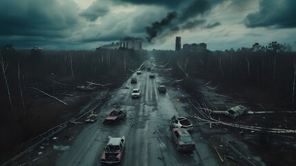 Post-Apocalyptic Wasteland with cars on the road - obrazy, fototapety, plakaty