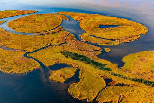 Aerial view of the Small Werder Islands in the National Park Vorpommersche Boddenlandschaft, Baltic Sea, Barth, Zingst, Mecklenburg-Western Pomerania, Germany, Europe