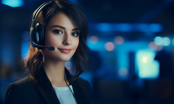 Mujer joven, sonriente y feliz, trabajando en telemarketing, usando audífonos y micrófono en una oficina moderna. Servicio al cliente. 