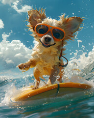 A carnivore companion dog, wearing goggles, is enjoying recreation in nature by riding a surfboard on the water under the cloudy sky