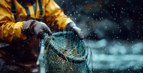 Close-up of fisherman securing nets on a rainy day at sea - obrazy, fototapety, plakaty