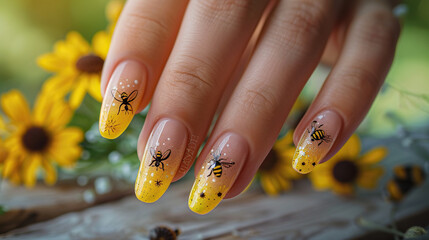 acrylic gel nail art of spring summer style, yellow honey bee french manicure style nails art 