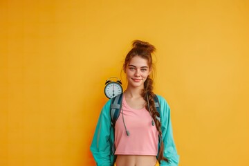 A young woman wearing a backpack and checking a clock against a bright yellow background.