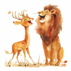Painting of a lion laughing with a deer 