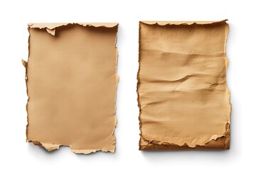 Fototapeta premium Two rugged brown paper cutouts with torn edges isolated, on white, creating an empty space in the center.