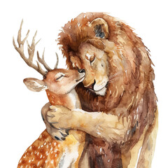 Painting of a lion hugging a deer