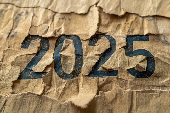 Close up view of the numbers 2025, new year, written on a torn brown piece of paper.
