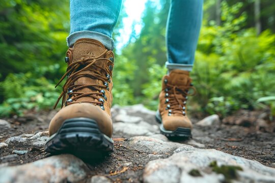 Person in hiking boots walking on rocky trail through woods.