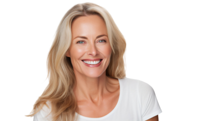 Happy smiling joyful senior woman with long blond hair, isolated cutout people on transparent background