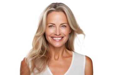 Portrait of a smiling well-groomed senior woman with long blond hair, isolated cutout people on transparent background