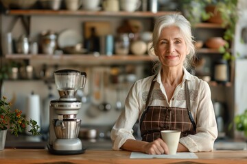 A senior woman sitting at a table with a cup of coffee and a geyser coffee maker. - obrazy, fototapety, plakaty