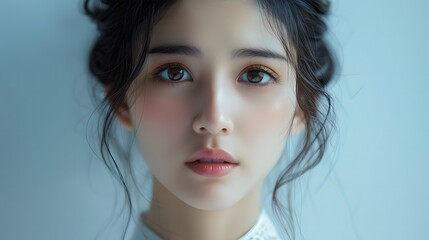 Fototapeta premium Beautiful Chinese Girl in Soft Light and Traditional Hairstyle on White Background