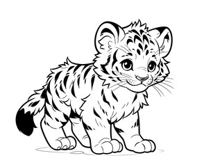 Black and white illustration for coloring animals, tiger.