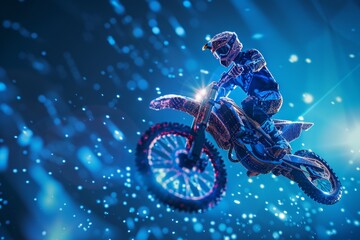 jumping motocross racer on blue abstract background Generative AI