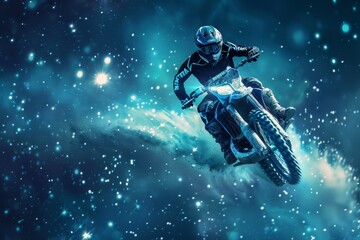 jumping motocross racer on blue abstract background Generative AI