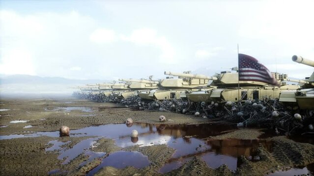 American military tanks Abrams and skulls. Help for ukraine. Anti war concept.