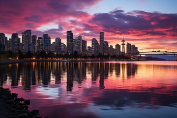City skyscrapers reflected in water at sunset, creating a stunning cityscape