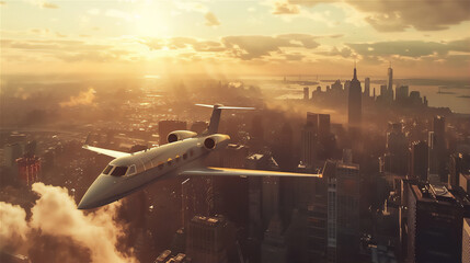 luxury private jet plane flying above the foggy city at sunset