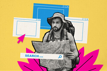 Creative collage picture young man traveler lost way search web interface computer window paper map find path expediter tourist