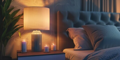 lamp on a wooden bedside table in the bedroom Generative AI