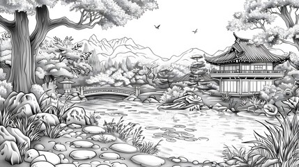 Japanese zen Garden Coloring Page in black and white